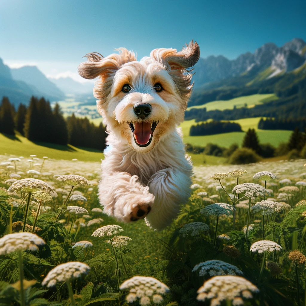 Beispiel Bildprompt:                  Ein mittelgroßer, flauschiger weißer Hund, sein Fell weiß mit braunen Flecken, und einem freudigen Blick. Er sprintet voller Lebensfreude über eine grüne, blühende Wiese im Alpenvorland, unter einem klaren blauen Himmel. Das Bild ist ein Inbegriff von Freiheit und Glück. Sein Gesicht strahlt Freude aus. Die blühende Wiese und der klare Himmel verschwimmen dabei sanft im Hintergrund.